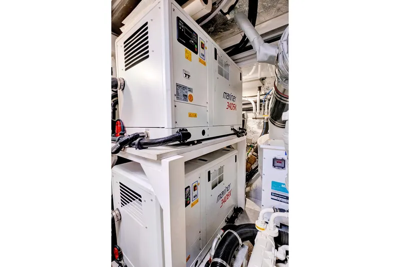 Misty K Yacht Photos Pics Engine room of 2024 Sunseeker 76 Yacht with Mariner 340SK generators.