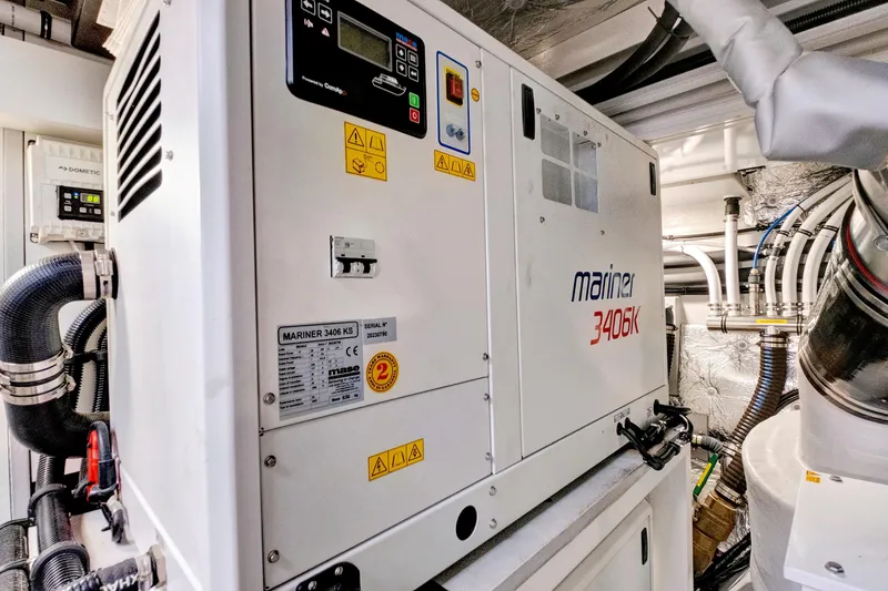 Misty K Yacht Photos Pics Engine room of 2024 Sunseeker 76 Yacht featuring Mariner 3406K generator.