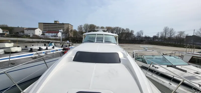  Yacht Photos Pics 2005 Sea Ray 390 Motor Yacht docked, surrounded by other boats, with buildings in the background.
