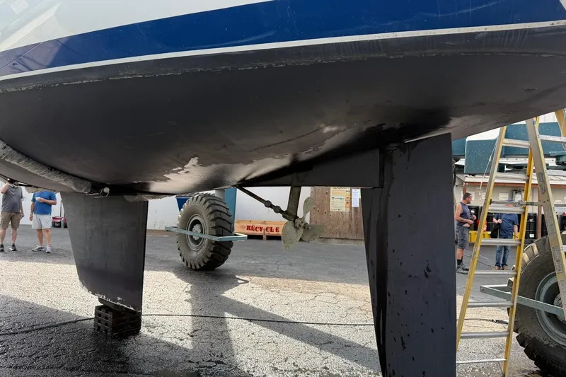  Yacht Photos Pics 2007 Catalina 42 MkII sailboat hull and keel in dry dock, with visible propeller.