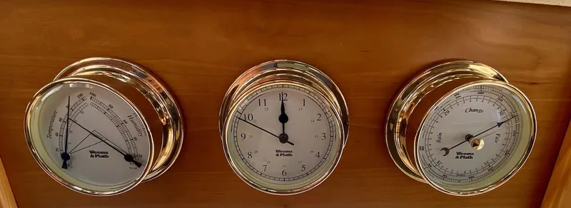 Sea Dreamer Yacht Photos Pics Gold-trimmed gauges on a 2014 Cutwater 30 Sedan dashboard.