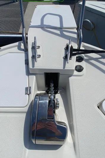 Sea Dreamer Yacht Photos Pics 2014 Cutwater 30 Sedan boat deck with anchor winch and cleats.