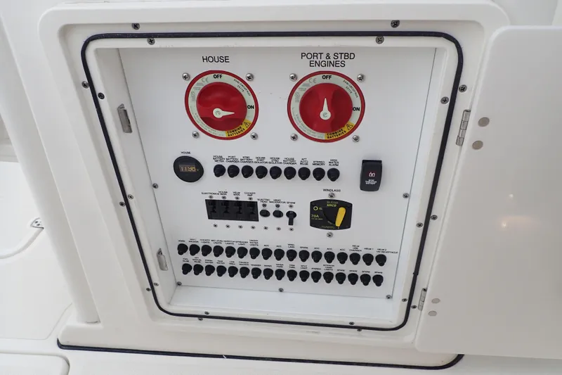  Yacht Photos Pics Control panel of 2024 Pursuit S 288 Sport boat with switches and dials.