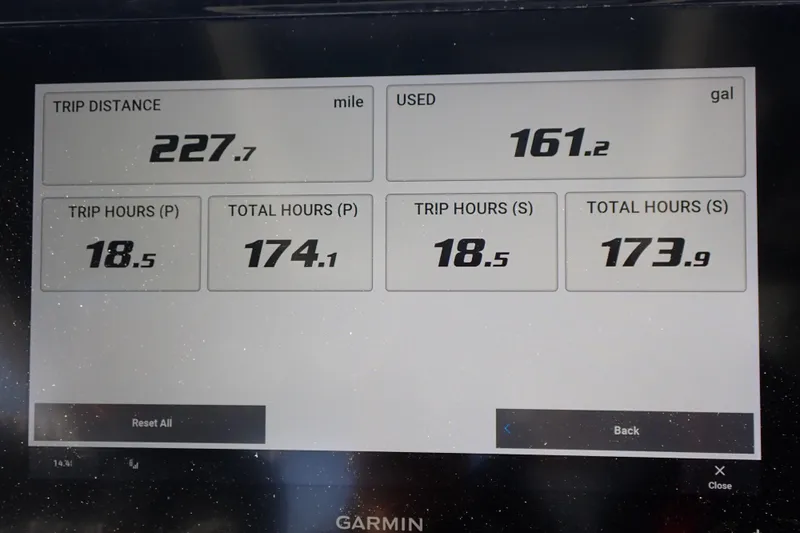 Yacht Photos Pics Display screen showing trip data for 2024 Pursuit S 288 Sport boat.