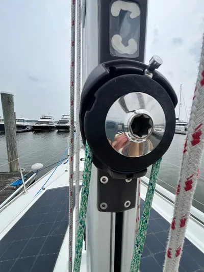 Miss Charlotte Yacht Photos Pics Close-up of Jeanneau Sun Odyssey 39i sailboat rigging, 2007 model, docked at marina.