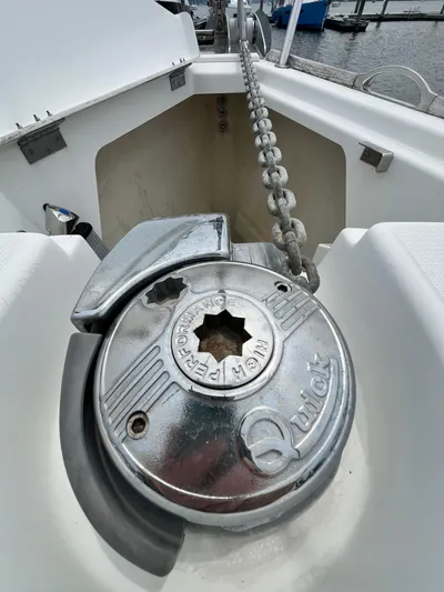 Miss Charlotte Yacht Photos Pics Anchor windlass on 2007 Jeanneau Sun Odyssey 39i sailboat, docked at marina.