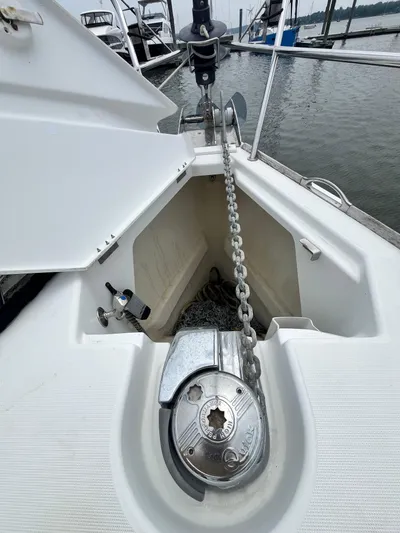 Miss Charlotte Yacht Photos Pics Anchor chain and windlass on 2007 Jeanneau Sun Odyssey 39i sailboat at dock.