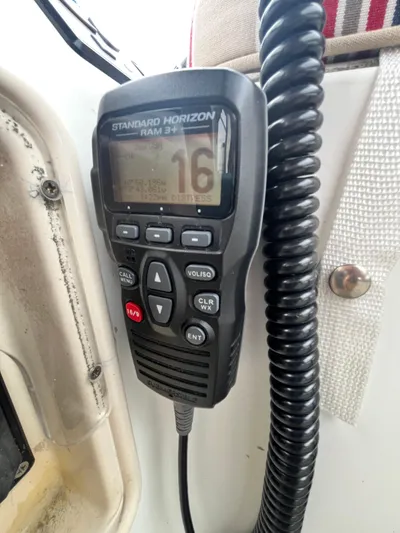 Miss Charlotte Yacht Photos Pics Standard Horizon RAM 3+ marine radio on Jeanneau Sun Odyssey 39i, 2007 model.