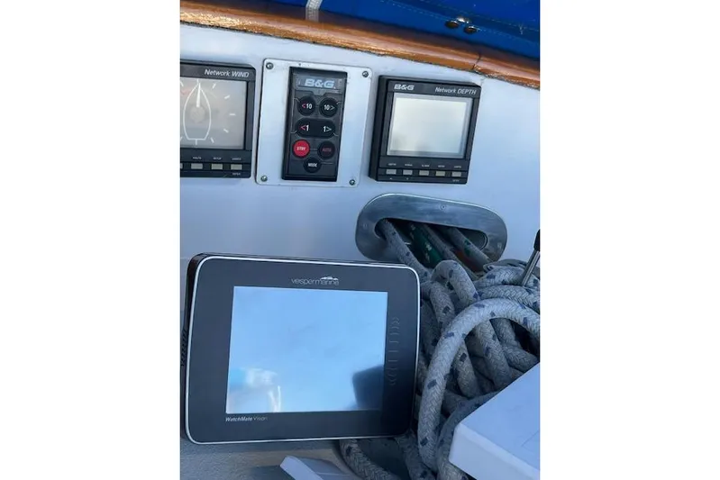 Southern Cross Yacht Photos Pics Control panel of a 1987 Tayana Vancouver 42 sailboat with navigation instruments.