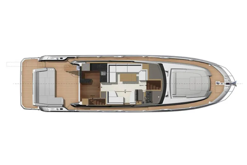  Yacht Photos Pics Manufacturer Provided Image: Top view of 2024 Prestige 590 yacht layout, showcasing interior and deck design.