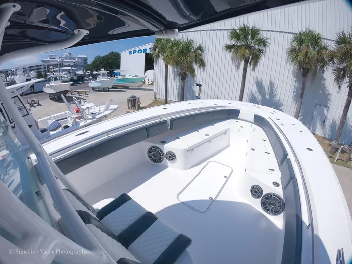 Higher Power Yacht Photos Pics 2017 Cape Horn 36XS boat docked, featuring spacious seating and modern amenities.