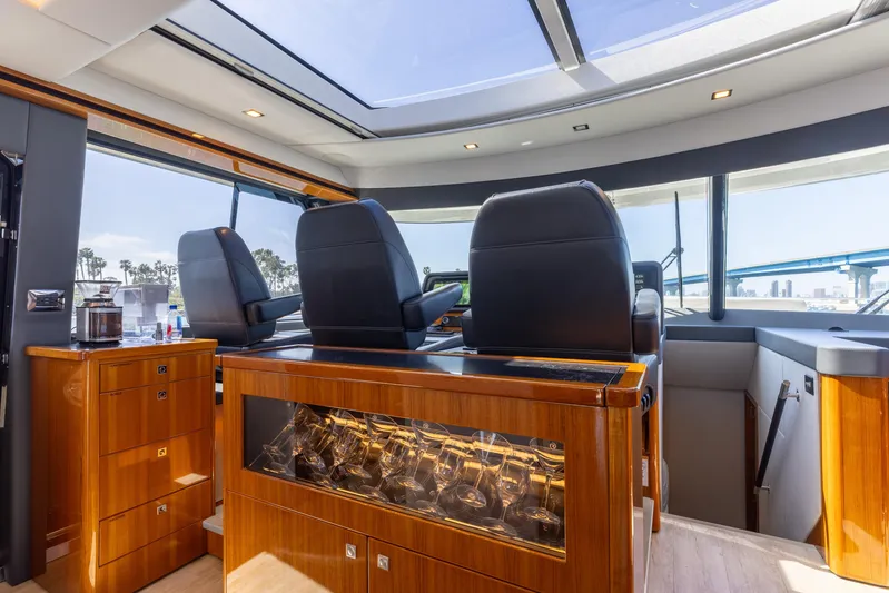 Hermosa Yacht Photos Pics Interior of 2022 Riviera 645 SUV yacht with luxurious seating and panoramic windows.