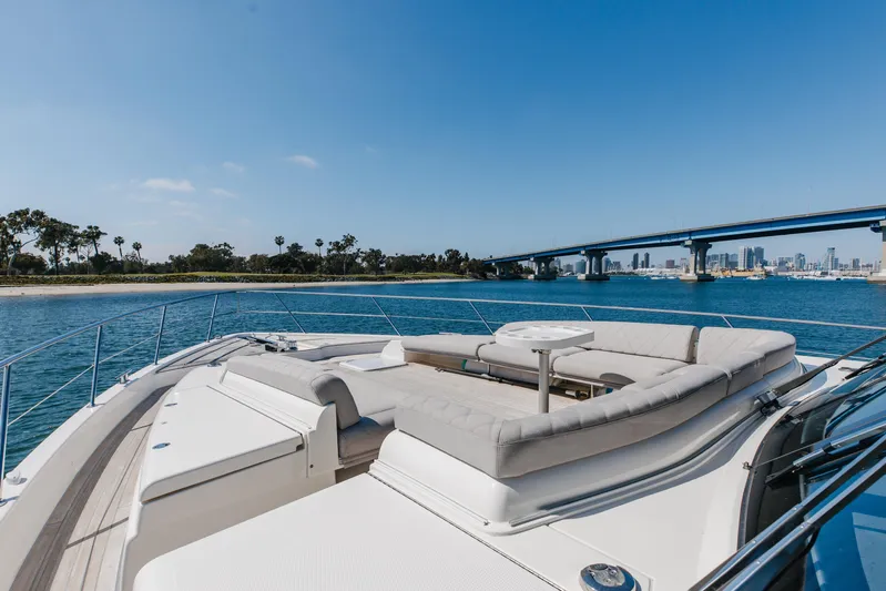 Hermosa Yacht Photos Pics Luxurious 2022 Riviera 645 SUV yacht with spacious deck, scenic waterfront view.