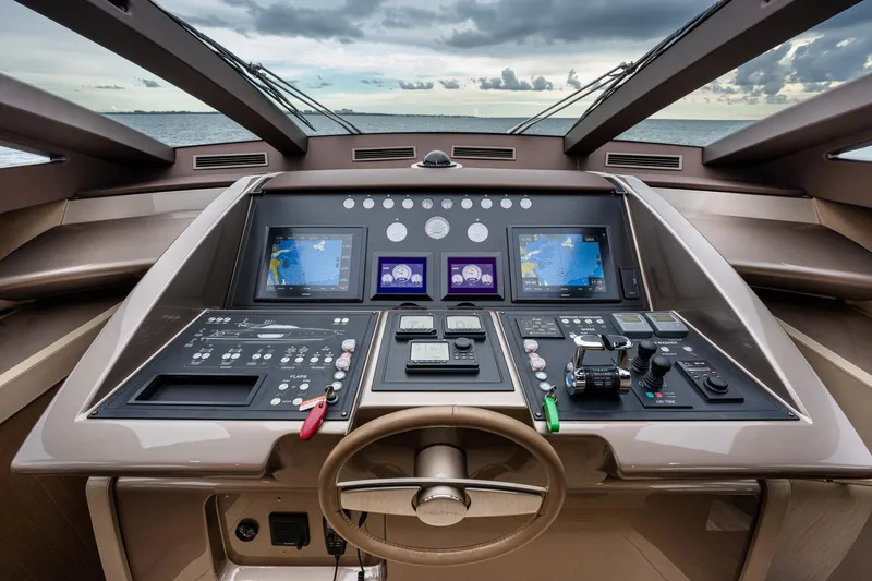 Da Rose Yacht Photos Pics Cockpit of 2012 Riva 86' DOMINO yacht with advanced navigation controls and displays.