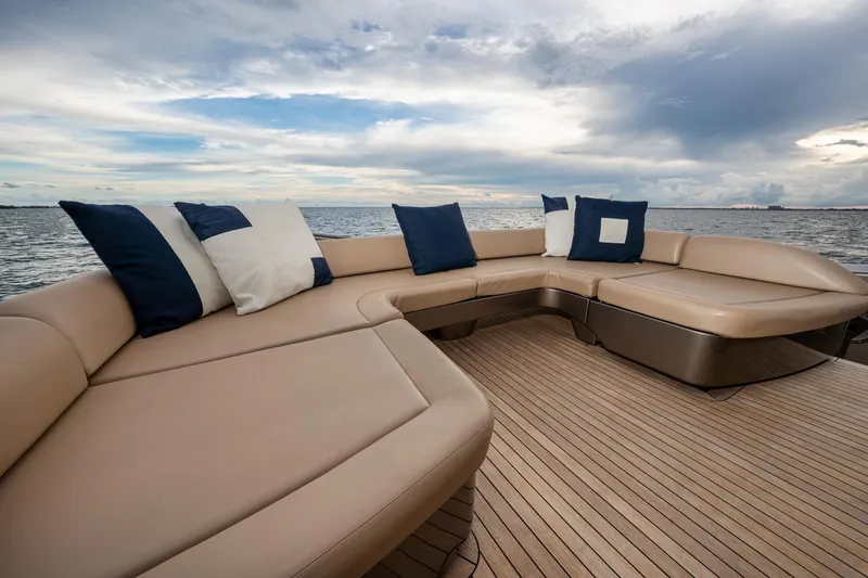 Da Rose Yacht Photos Pics Luxurious seating on 2012 Riva 86' DOMINO yacht with ocean view and cushions.
