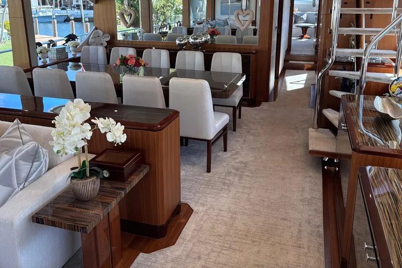 Bella Lisa Yacht Photos Pics Luxurious interior of 2020 Ocean Alexander 100 Skylounge Megayacht with elegant dining area.