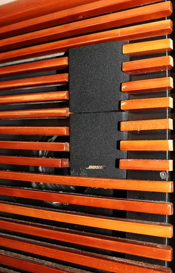  Yacht Photos Pics Bose speaker behind wooden slats on a 2000 Sunseeker Predator 74 yacht.