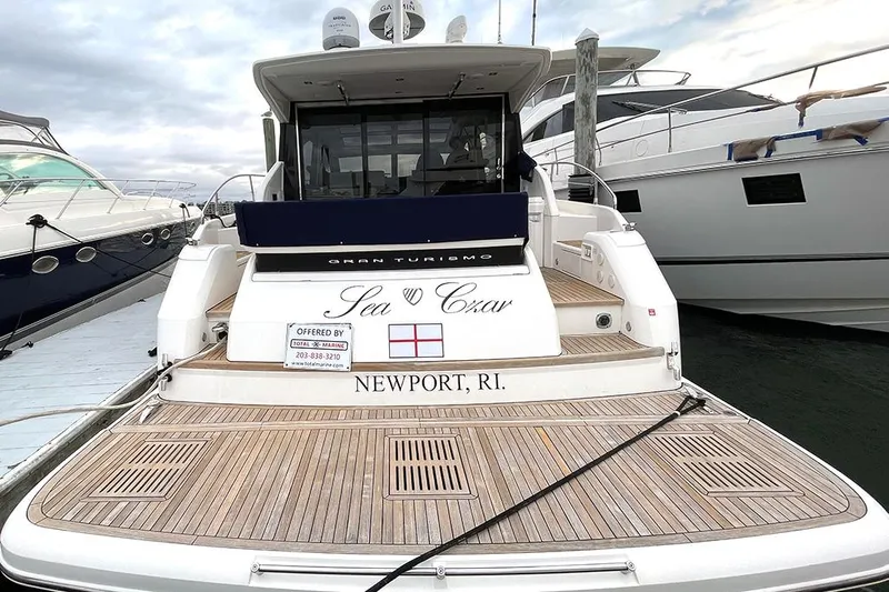 Sea Czar Yacht Photos Pics 2015 Fairline Targa 48 GT yacht docked in Newport, RI, with wooden deck.