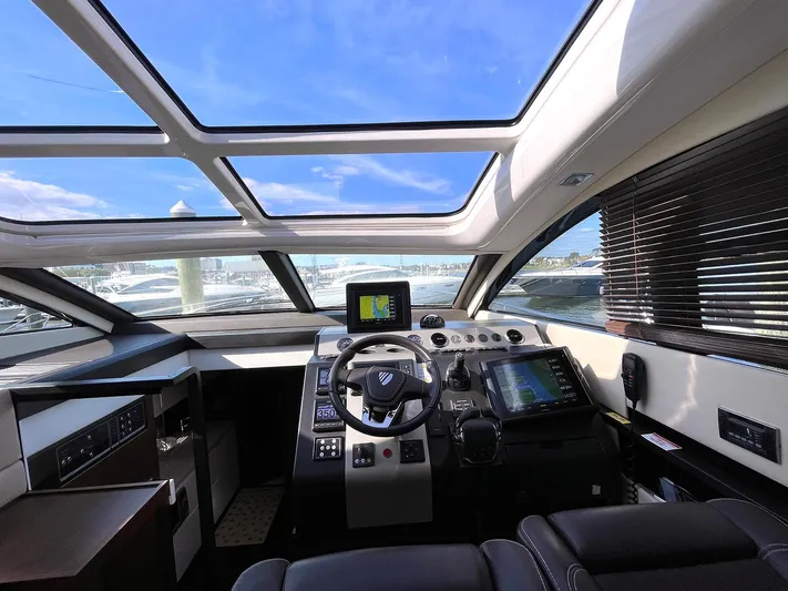 Sea Czar Yacht Photos Pics Interior helm of 2015 Fairline Targa 48 GT yacht with panoramic windows.