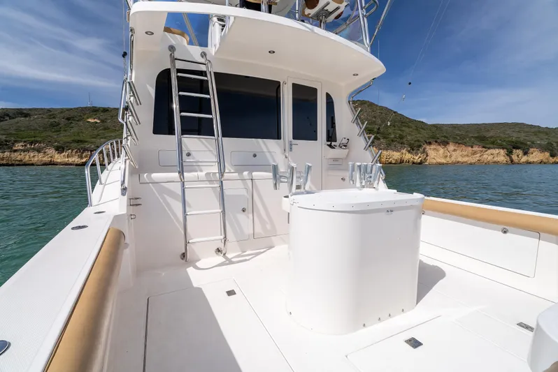 Dieguito Yacht Photos Pics 2004 Cabo 48 Flybridge yacht deck with ladder, ocean view, and clear sky.