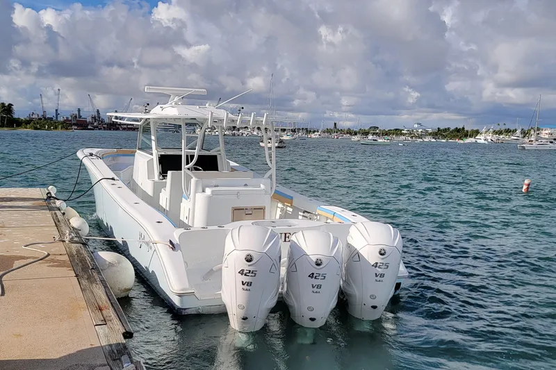  Yacht Photos Pics 2022 Yellowfin 42 Offshore boat docked with triple 425 V8 engines.