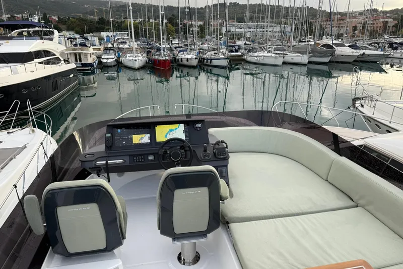 Gbtt Ex Lennartz Yacht Photos Pics Flybridge of 2025 Nimbus 495 yacht in marina, featuring modern navigation equipment and seating.
