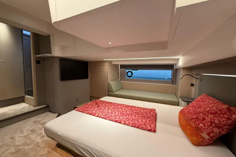 Gbtt Ex Lennartz Yacht Photos Pics Luxurious bedroom interior of 2025 Nimbus 495 Flybridge yacht with modern design.