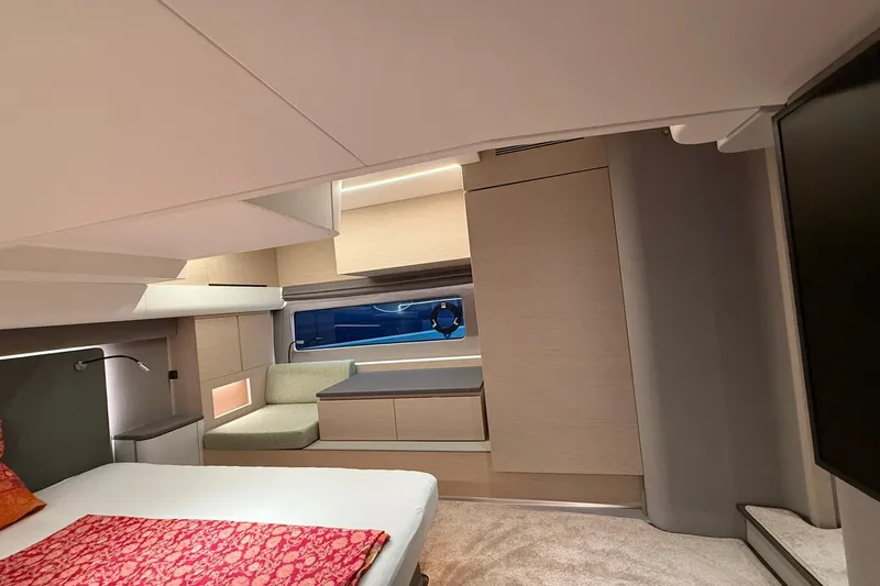 Gbtt Ex Lennartz Yacht Photos Pics Luxurious interior of 2025 Nimbus 495 Flybridge yacht, featuring modern design and cozy seating.