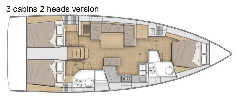 Marie Katherine Yacht Photos Pics Floor plan of 2022 Beneteau Oceanis 40.1, featuring 3 cabins and 2 heads.