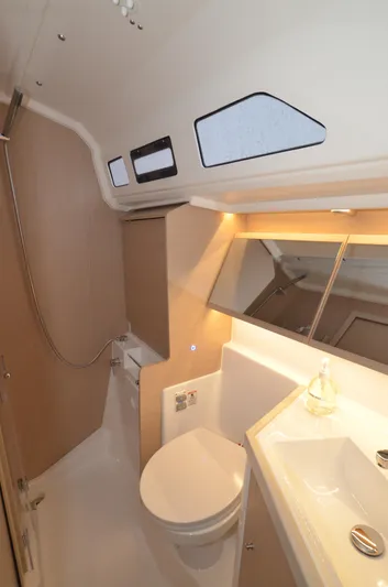 Marie Katherine Yacht Photos Pics 2022 Beneteau Oceanis 40.1 yacht bathroom with modern fixtures and natural lighting.
