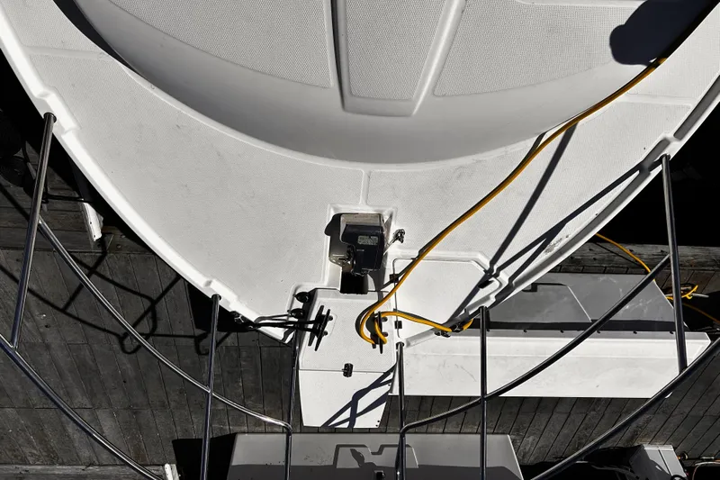  Yacht Photos Pics Overhead view of 2014 Cutwater C-28 boat deck with railing and yellow cable.