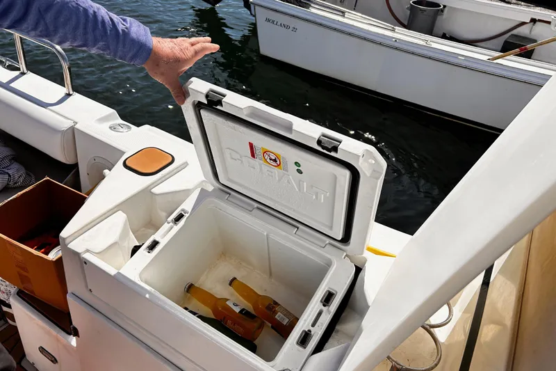 Yacht Photos Pics Open cooler with drinks on a 2014 Cutwater C-28 boat deck.