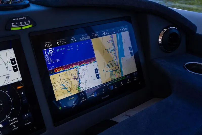 El Mar V Yacht Photos Pics Navigation display on 2022 Riviera 6000SY yacht dashboard, showing maps and data.