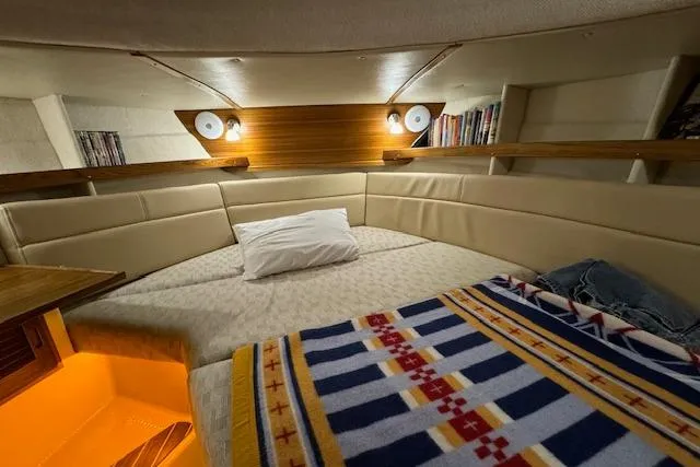 Maquinna Yacht Photos Pics 2024 Ranger Tugs R-31 CB cabin interior with cozy bed and ambient lighting.