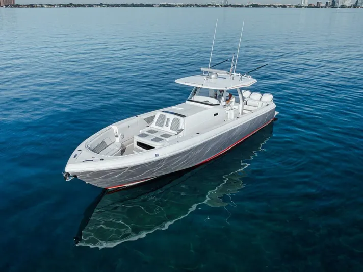  Yacht Photos Pics 2019 Intrepid 407 Panacea boat on calm blue water.
