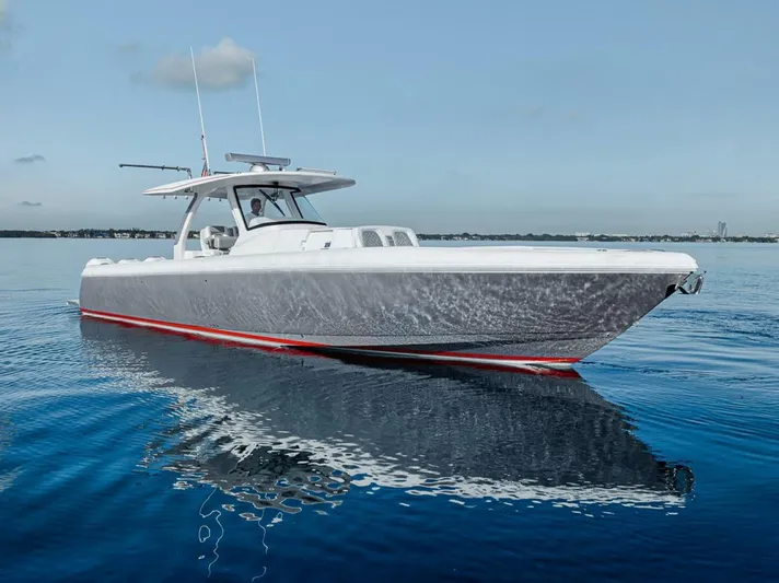  Yacht Photos Pics 2019 Intrepid 407 Panacea boat on calm blue water.