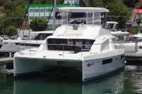 2020 Leopard 43 Powercat docked in marina, featuring sleek design and spacious deck.
