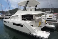 2020 Leopard 43 Powercat yacht docked in a marina, showcasing sleek design and modern features.