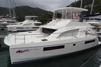 2020 Leopard 43 Powercat yacht docked in marina, featuring sleek design and spacious deck.