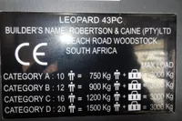 Leopard 43 Powercat 2020 capacity plate detailing weight limits and categories, built by Robertson & Caine.