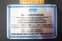 Yacht certification plaque for Leopard 43 Powercat, 2020, by Robertson and Caine, Cape Town.