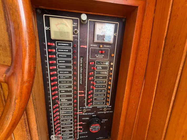 Aja Marie Yacht Photos Pics Electrical control panel on a 1986 Marine Trader Tri Cabin boat.
