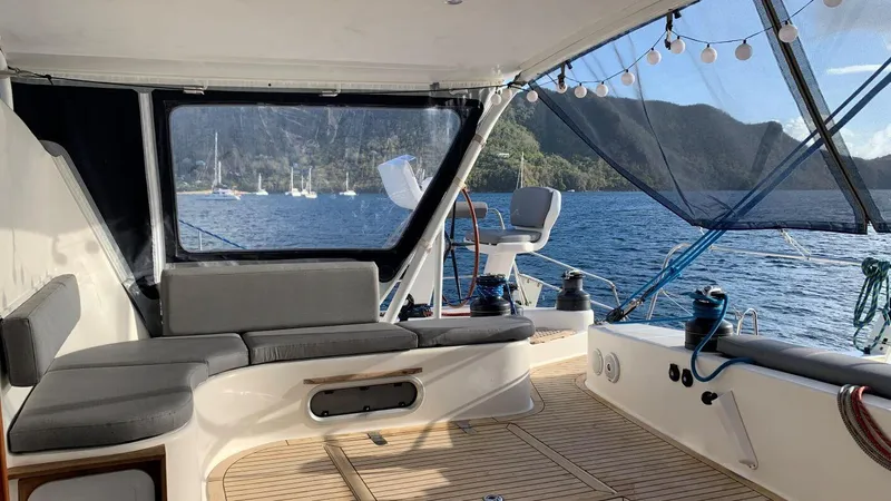 Mersea Yacht Photos Pics Catana 582 yacht interior with ocean view, featuring seating and nautical equipment, 2001 model.