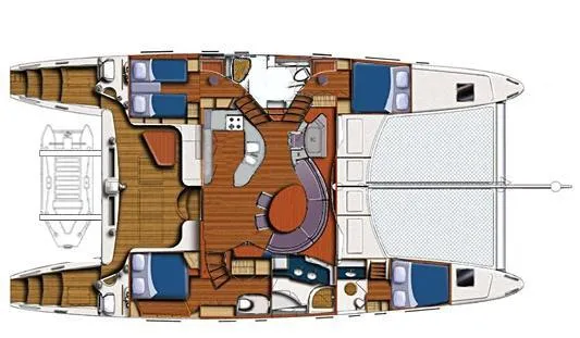Mersea Yacht Photos Pics Floor plan of a 2001 Catana 582 catamaran, featuring multiple cabins and living areas.
