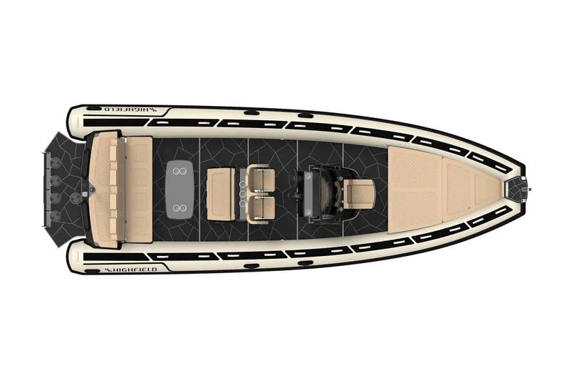  Yacht Photos Pics Manufacturer Provided Image: 2025 Highfield Sport 800 boat, top view, beige and black design, spacious seating.