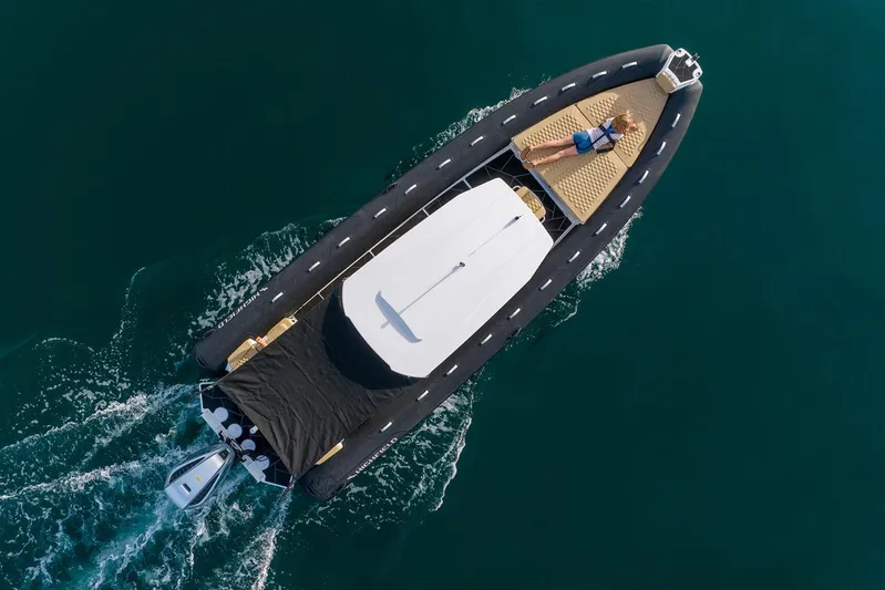  Yacht Photos Pics Manufacturer Provided Image: Aerial view of 2025 Highfield Sport 800 boat cruising on water.