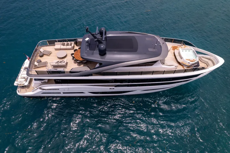 Hang Loose Yacht Photos Pics Luxury 2021 Princess X95 yacht on blue ocean, featuring spacious decks and modern design.