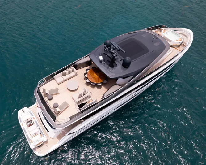 Hang Loose Yacht Photos Pics Luxurious 2021 Princess X95 yacht on blue ocean, featuring spacious deck and modern design.