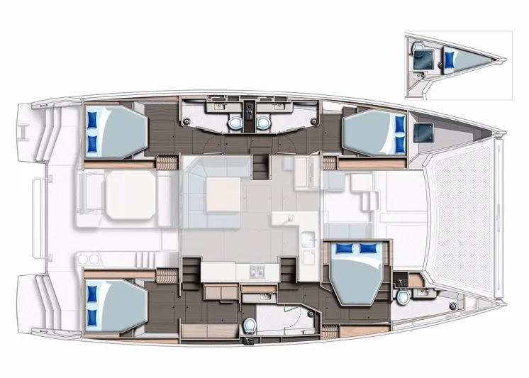 Win Win Yacht Photos Pics Floor plan of a 2022 Leopard 50 catamaran, featuring multiple cabins and bathrooms.