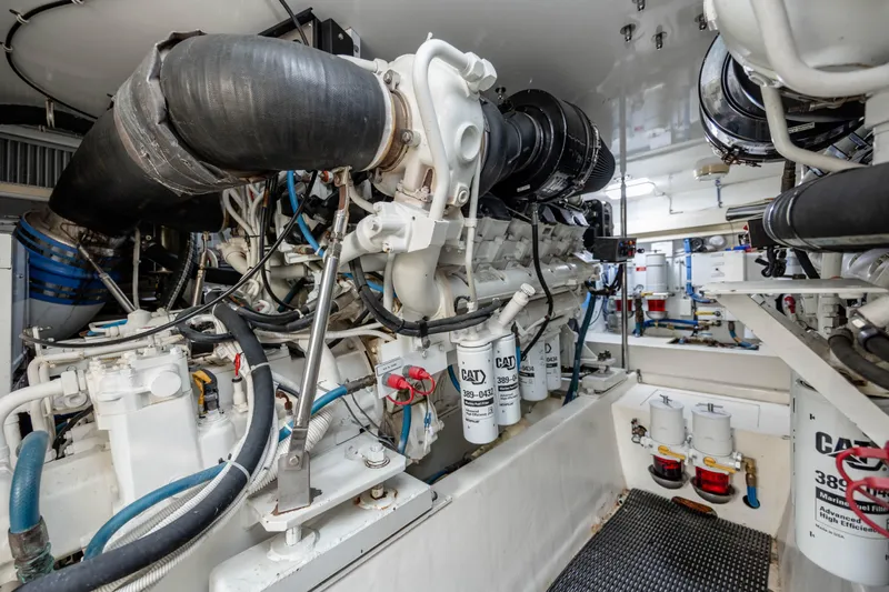 Wet Hooker Yacht Photos Pics Engine room of 2003 Hatteras 60 Convertible yacht with CAT marine engines.